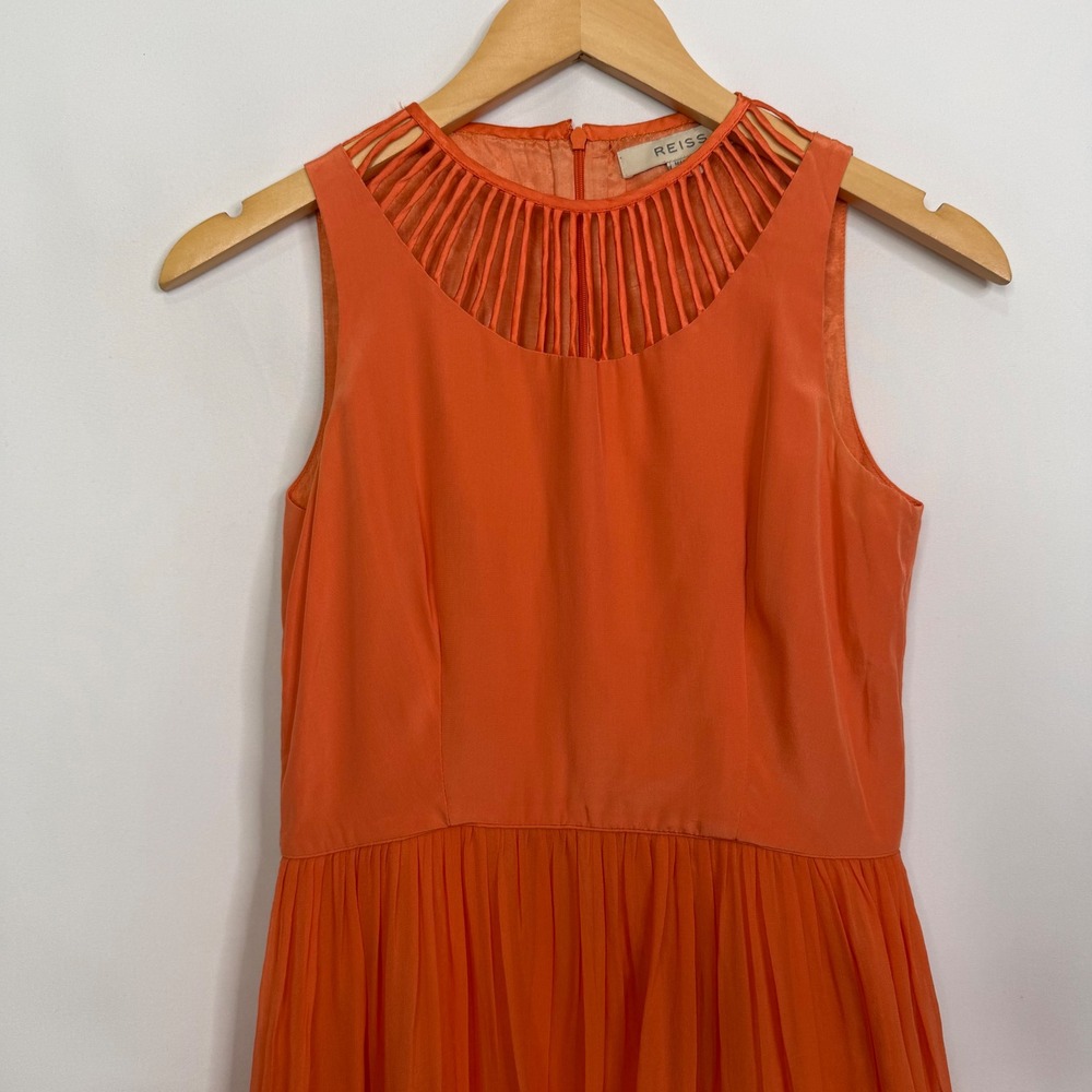 REISS Orange 100% Silk Cage Neckline Sleeveless Cocktail Dress Womens Size 4 - Picture 6 of 11